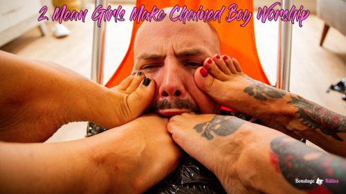 Jack restrained and mummified, foot gagged and worshipping the feet of two dominant women in a forced humiliation fetish scene.