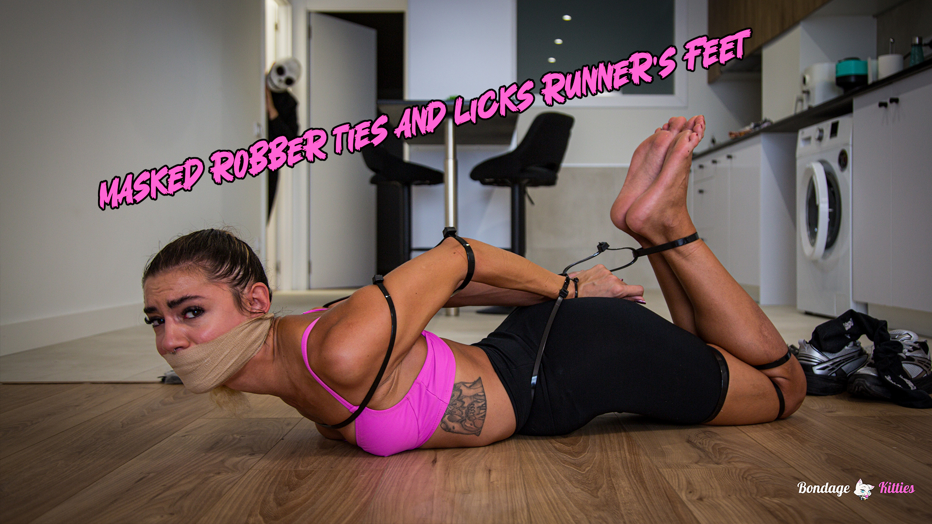 Masked robber ties and gags Kali, then licks her sweaty bare runner’s feet.