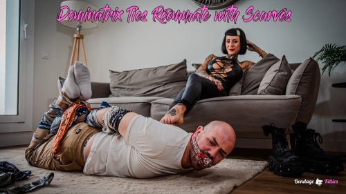 Dominatrix Boo ties and gags her lazy roommate Jack with scarves and tape, uses him as a footstool, and humiliates him with a saliva game.